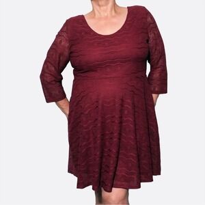 Burgundy Lace Fit & Flare Dress Plus 1X Bow Back Open Back Crochet Skater Mini